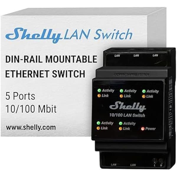 LAN switch/switch - SHELLY - LAN Switch - DIN-skena montering - 5 RJ45-portar