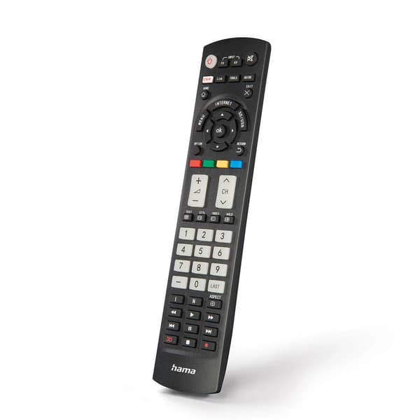 Yleiskaukosäädin Panasonic TV:lle, jossa on luminesenssipainikkeet ja Stream-painike musta