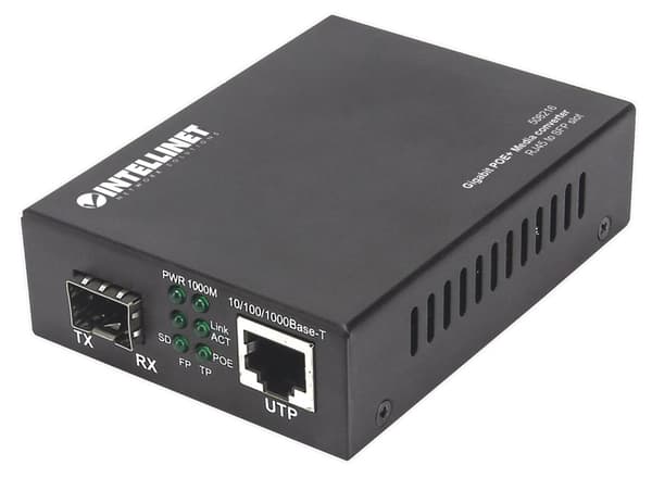 Intellinet Gigabit PoE+ Media Converter - Media Converter - GigE - 10Base-T, 100Base-TX, 1000Base-T - RJ-45 / SFP (mini-GBIC) - upp till 120 km