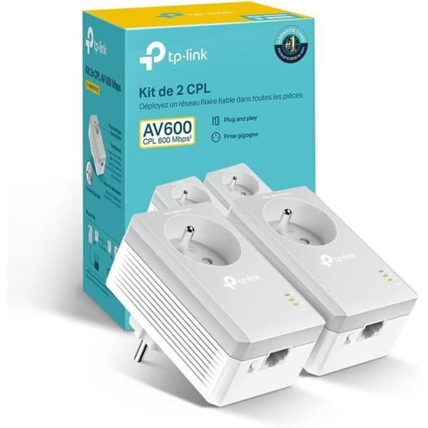 CPL 600 Mbps - TP-Link TL-PA4015P KIT - CPL-uttag med 1 Ethernet-port och integrerat uttag - CPL-box Kit med 2 Vit