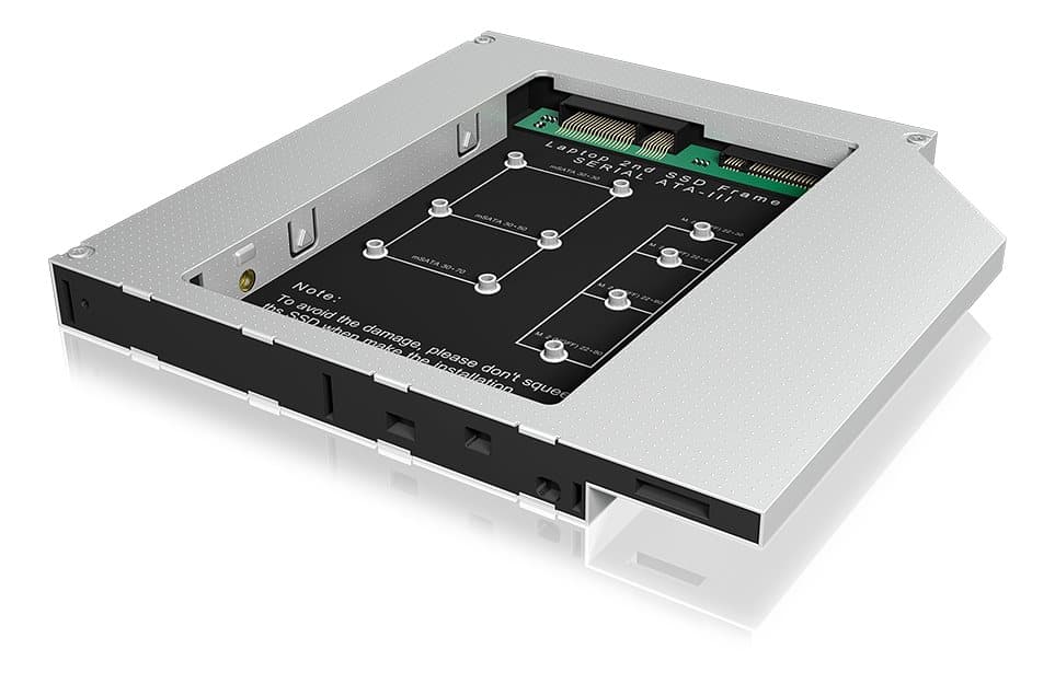 Adapter for mSATA or M.2 SSD in 12.5 mm Notebook DVD bay, Alu, screwd