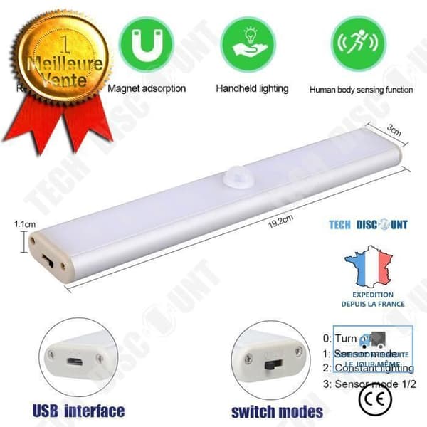 TD® Automatisk LED-nattlampa, 24 LED USB-uppladdningsbar nattlampa för garderob med rörelsesensor magnetisk självhäftande remsa, 3 lägen