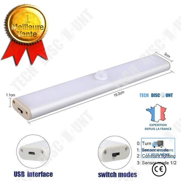 TD® Automatisk LED-nattlampa, 24 LED USB-uppladdningsbar nattlampa för garderob med rörelsesensor magnetisk självhäftande remsa, 3 lägen