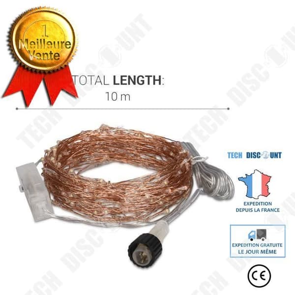 TD® LED 10m - Koppartråd med fjärrkontroll 8 justerbara ljuslägen - 100 flerfärgade LED-lampor inomhus