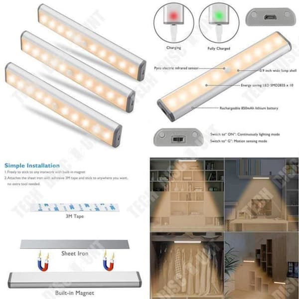 TD® 3st rörelsesensorljus, 10 LED-garderobsljus, USB-uppladdningsbart LED-nattljus, trappljus-varmvitt