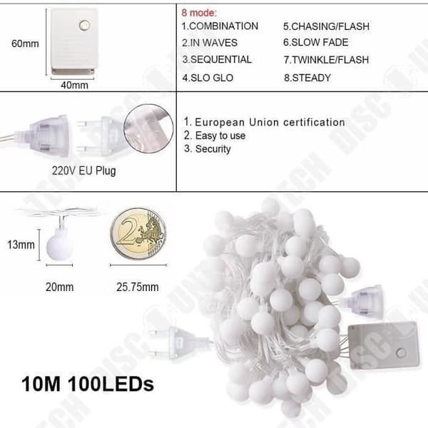 TD® 220V EU-kontakt LED String Lights Bollar String Lamp Holiday String Lights Bröllop Hem Fest Varm Vit