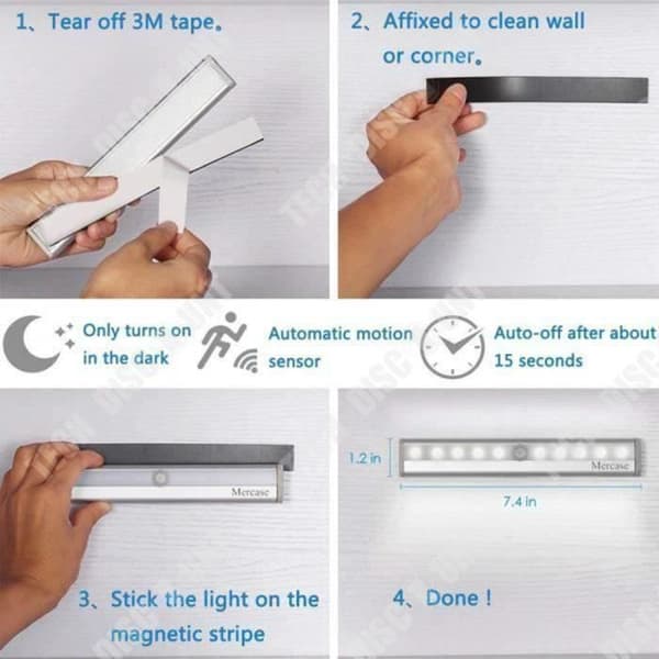 TD® 1 st rörelsesensorljus, 10 LED garderobsljus, USB-uppladdningsbart LED-nattljus, trappljus-varm vit