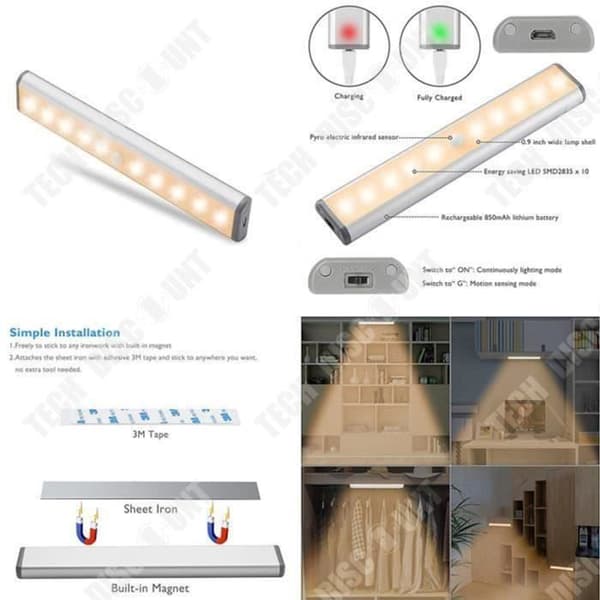 TD® 1 st rörelsesensorljus, 10 LED garderobsljus, USB-uppladdningsbart LED-nattljus, trappljus-varm vit