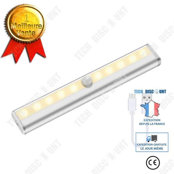 TD® 1 st rörelsesensorljus, 10 LED garderobsljus, USB-uppladdningsbart LED-nattljus, trappljus-varm vit