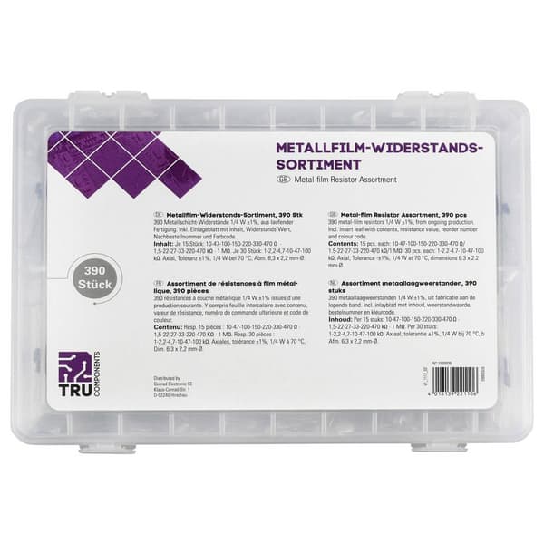 TRU COMPONENTS 418714 Metallfilmsmotstånd sortiment Axial hållmonterade 0.25 W 1 % 390 st