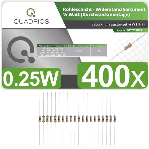Quadrios 201711P001 201711P001 Kolytskiktsmotstånd sortiment Axial hållmonterade 0.25 W 5 % 400 st