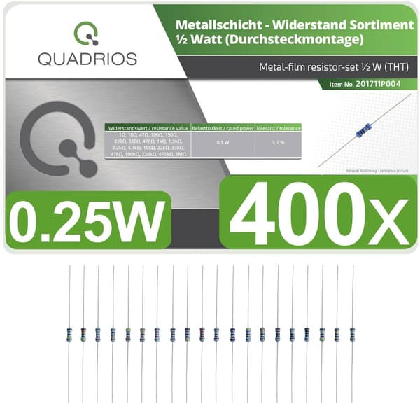 Quadrios 201711P004 201711P004 Metallfilmsmotstånd sortiment Axial hållmonterade 0.5 W 1 % 400 st