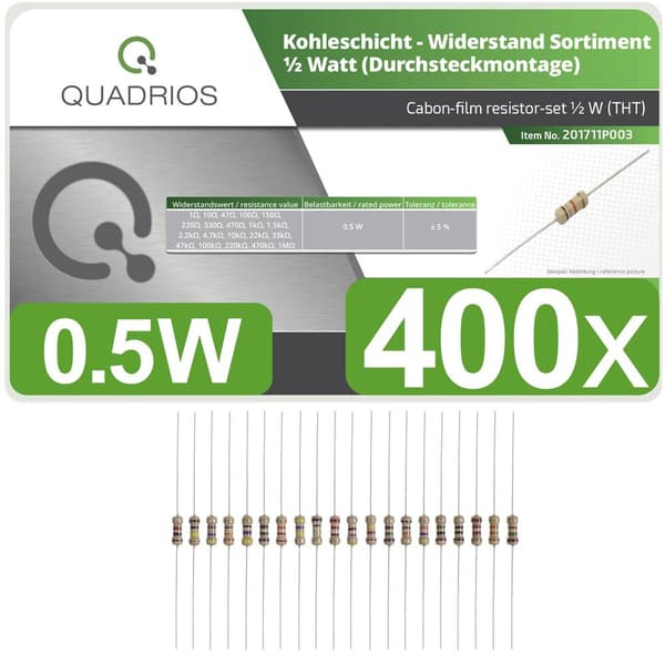 Quadrios 201711P003 201711P003 Kolytskiktsmotstånd sortiment Axial hållmonterade 0.5 W 5 % 400 st