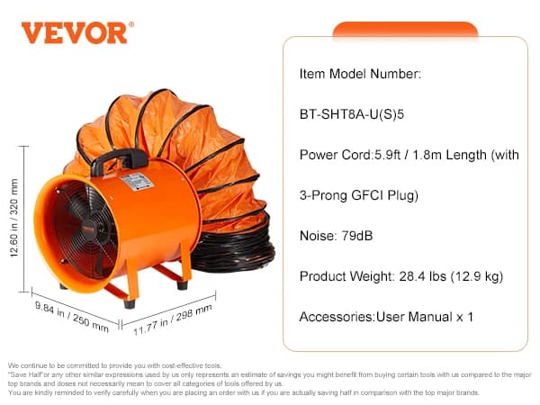 VEVOR Kannettava Tuulettaja, 1070 CFM Ilmavolyymi, 3450 RPM Nopeus,16,4 jalkaa