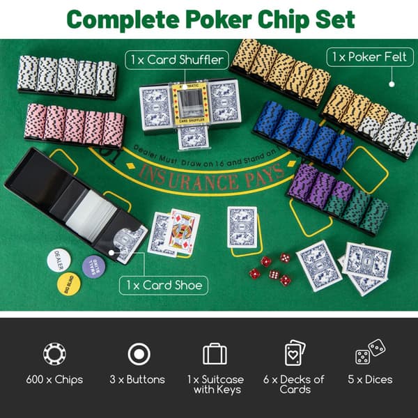 Pokerchipssæt, 600 stk. Pokerchips 14 gram Claytec-chips med bæretaske, 19,5x14x6 tommer, sort