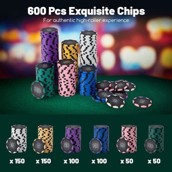 Pokerchipssæt, 600 stk. Pokerchips 14 gram Claytec-chips med bæretaske, 19,5x14x6 tommer, sort