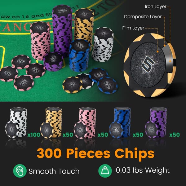 Pokersæt, 14 gram Pokerchips 300 Stykker Casino Pokersæt- Sort, 15,5x12,5x5,5 tommer, Sølv