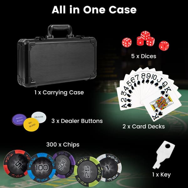 Pokerset, Texas Holdem pokerset 300 bitar Claytec-chips, 16x9x4", Svart