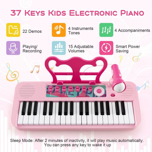 Børne klaver keyboard, 16,1"x9"x17,9", Pink
