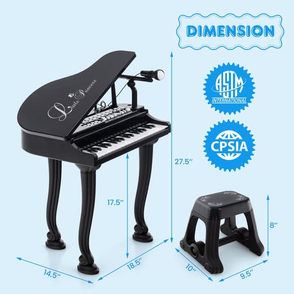 Børne klaver keyboard, 37 tangenter, 18.5x14.5x27.5 tommer, Sort