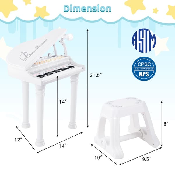 Børneklaver Keyboard, 31 taster, 14x12x21.5 tommer, Hvid