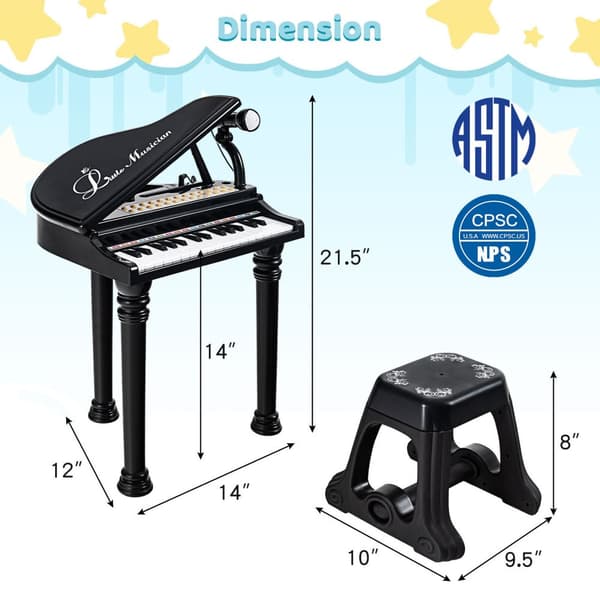 Børneklaver Keyboard, 31 tangenter, 14x12x21.5 tommer, Sort