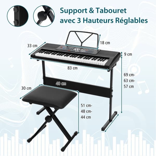 Elektronisk Keyboardstativ og Taburet, 83x33x9 cm, Hvid og Sort