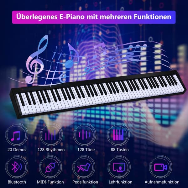 Digitalt klaver keyboard, 126.5x18x6.5 cm, Sort