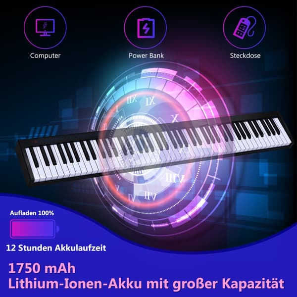 Digitalt klaver keyboard, 126.5x18x6.5 cm, Sort