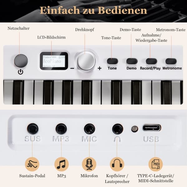 Digitalpiano med tangentbord, 126x30x22,5 cm, Svart
