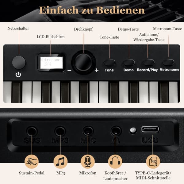 Digitalpiano, Klaviatur, 126x30x22,5 cm, Svart