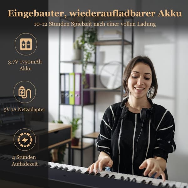 Digitalpiano, Klaviatur, 126x30x22,5 cm, Svart