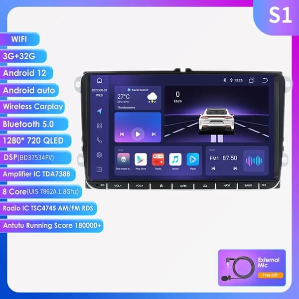 Bil Multimedia Spelare, Android 12, Carplay GPS, S2-4G 32G-8CORES