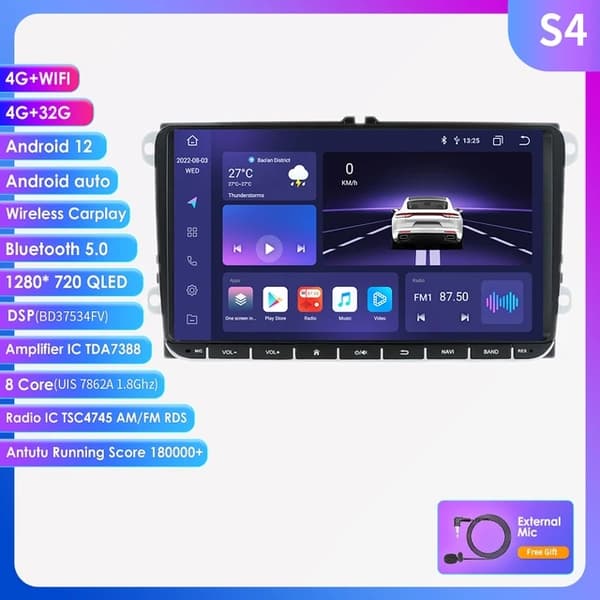 Bil Multimedia Spelare, Android 12, Carplay GPS, S2-4G 32G-8CORES