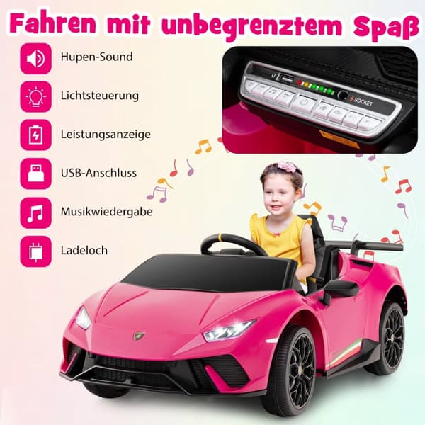 Lasten sähköauto, Lamborghini 12V, 118.5x63x48 cm, vaaleanpunainen