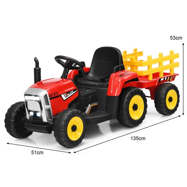 Lasten traktori, 3-vaihteinen 12V sähkötraktori irrotettavalla perävaunulla, 136.5x50x52.5 mm, Punainen