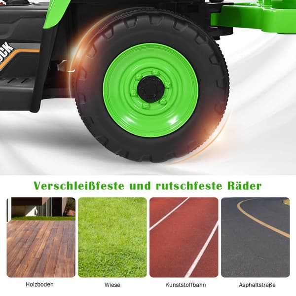 Lasten traktori, 3-vaihteinen 12V sähkötraktori irrotettavalla perävaunulla, 136.5x50x52.5 mm, Vihreä