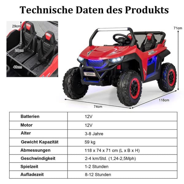 Lasten auto, 118x74x71 cm, punainen.