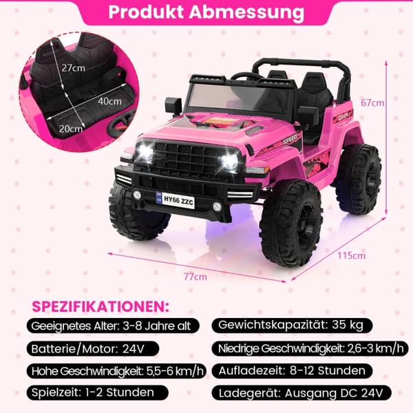 Barnens Elbil, 24V, 77x115x67 cm, Rosa