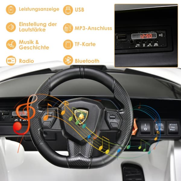 Lasten sähköauto, 12V Lamborghini, 108x64x41 cm, valkoinen