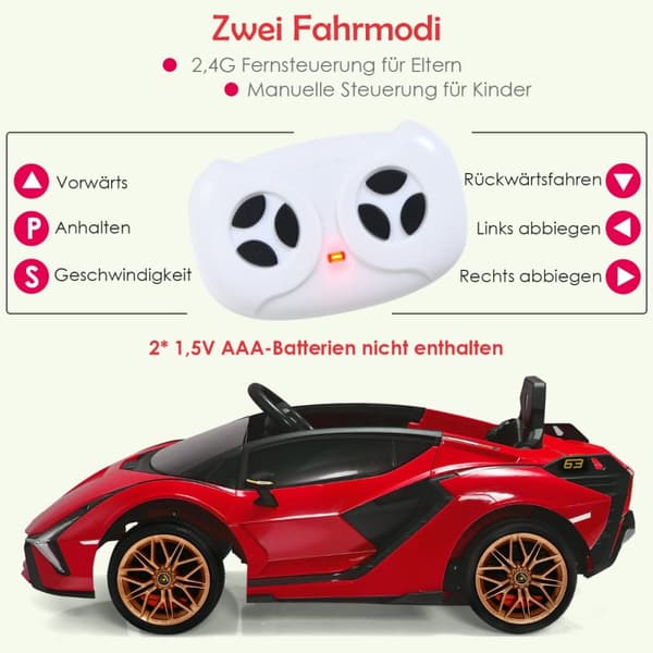 Lasten sähköauto, 12V Lamborghini, 108x64x41 cm, punainen