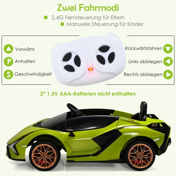 Lasten sähköauto, 12V Lamborghini kauko-ohjaimella, 108x64x41 cm, Vihreä
