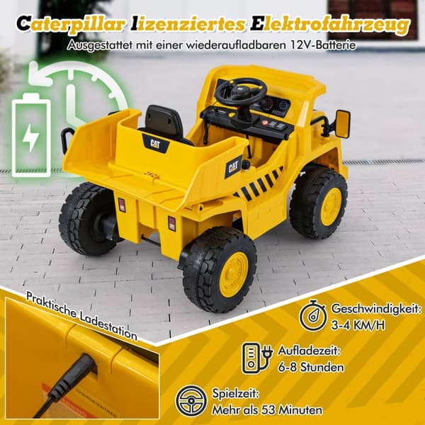 Lasten sähköauto, Caterpillar 12V, 110x70.5x61.5 cm, keltainen