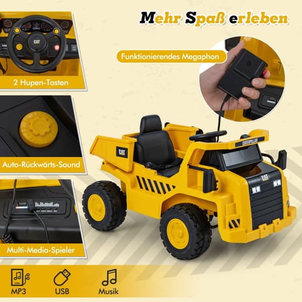 Lasten sähköauto, Caterpillar 12V, 110x70.5x61.5 cm, keltainen