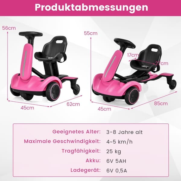Sähkökäyttöinen Drift-auto, 85x45x55 cm, Pinkki