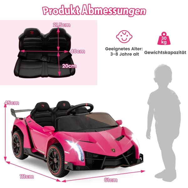 Sähköauto lapsille, Lamborghini kauko-ohjauksella & LED-ajovalot & äänitorvi & musiikki, 111x61x45 cm, pinkki