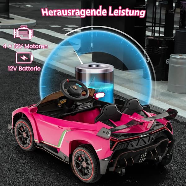 Sähköauto lapsille, Lamborghini kauko-ohjauksella & LED-ajovalot & äänitorvi & musiikki, 111x61x45 cm, pinkki