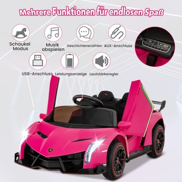 Sähköauto lapsille, Lamborghini kauko-ohjauksella & LED-ajovalot & äänitorvi & musiikki, 111x61x45 cm, pinkki