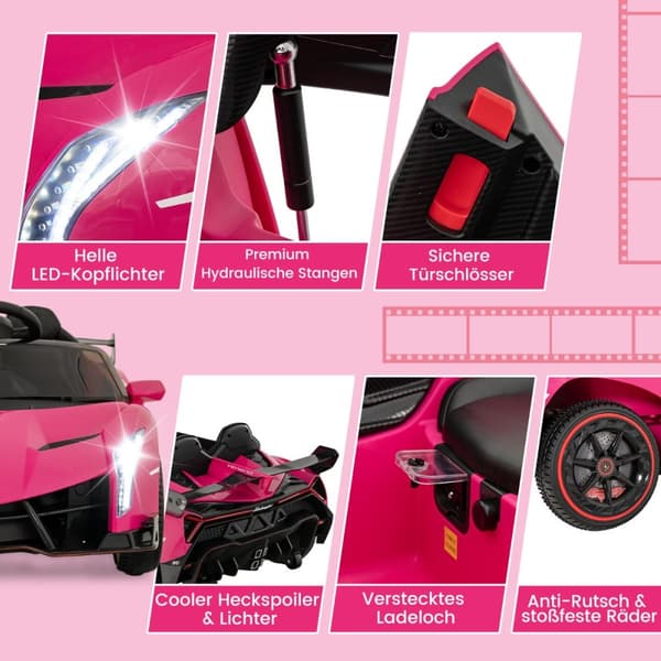 Sähköauto lapsille, Lamborghini kauko-ohjauksella & LED-ajovalot & äänitorvi & musiikki, 111x61x45 cm, pinkki