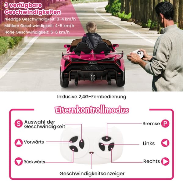 Sähköauto lapsille, Lamborghini kauko-ohjauksella & LED-ajovalot & äänitorvi & musiikki, 111x61x45 cm, pinkki